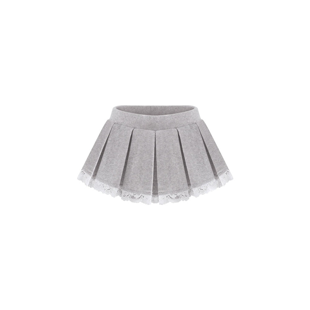 A light gray pleated mini skirt with a white lace trim along the hem, shown against a plain white background.