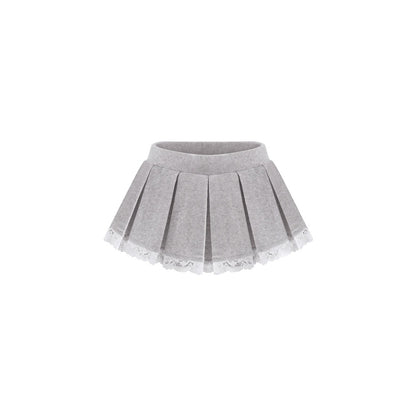 A light gray pleated mini skirt with a white lace trim along the hem, shown against a plain white background.
