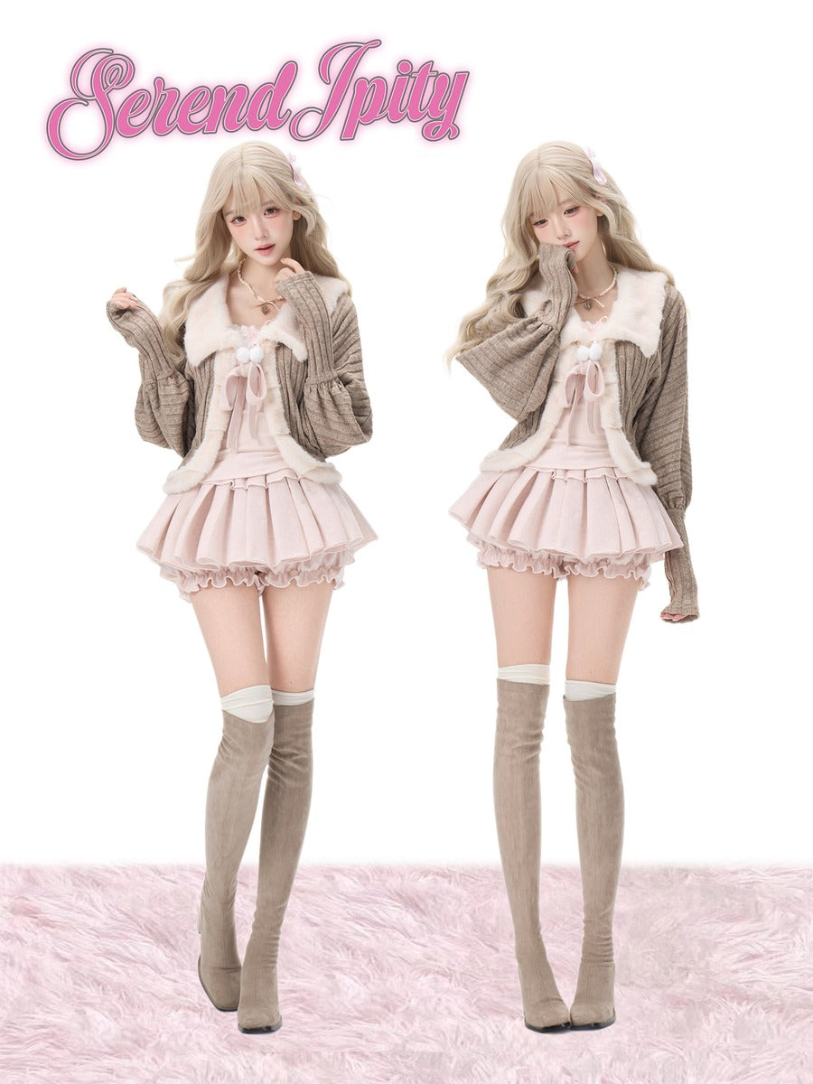 Serendipity Daily Peach Brown Knit Cardigan Pink Camisole Skirt Three Piece Set