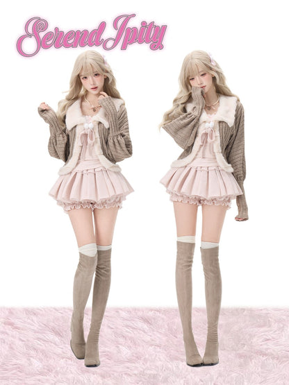 Serendipity Daily Peach Brown Knit Cardigan Pink Camisole Skirt Three Piece Set
