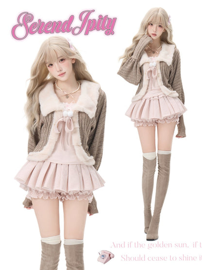 A fashion listing image showing a model in two poses wearing a pastel Lolita-style outfit. The outfit consists of a light pink pleated mini skirt with ruffles, a cream faux-fur collar, a white lace-trimmed top, a brown ribbed cardigan, and matching brown over-the-knee boots.
