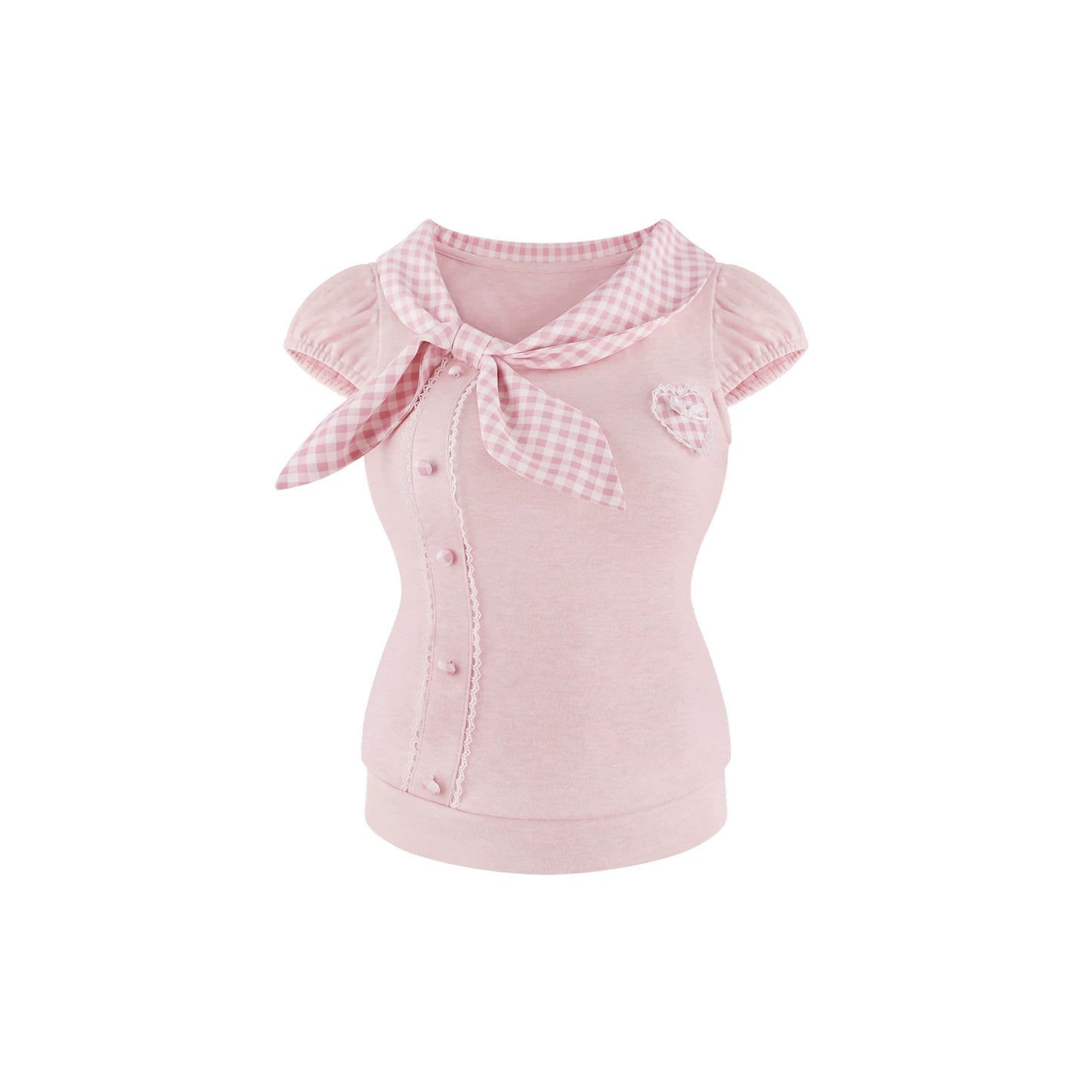 A pink short sleeve top with a pink and white gingham bow collar, ruffled cap sleeves, a button-up front, and a small heart applique on the chest, shown on a plain white background.
