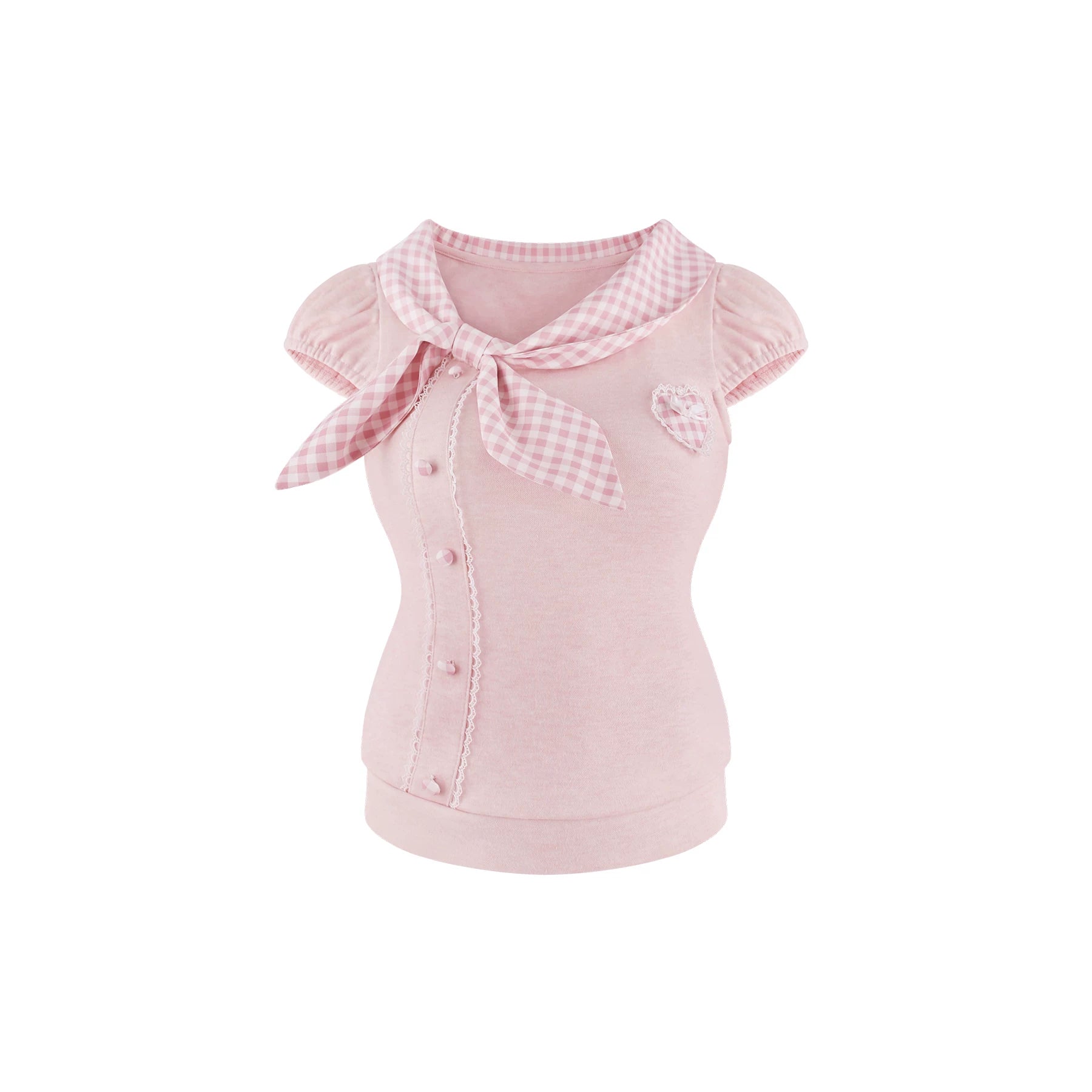 A pink short sleeve top with a pink and white gingham bow collar, ruffled cap sleeves, a button-up front, and a small heart applique on the chest, shown on a plain white background.