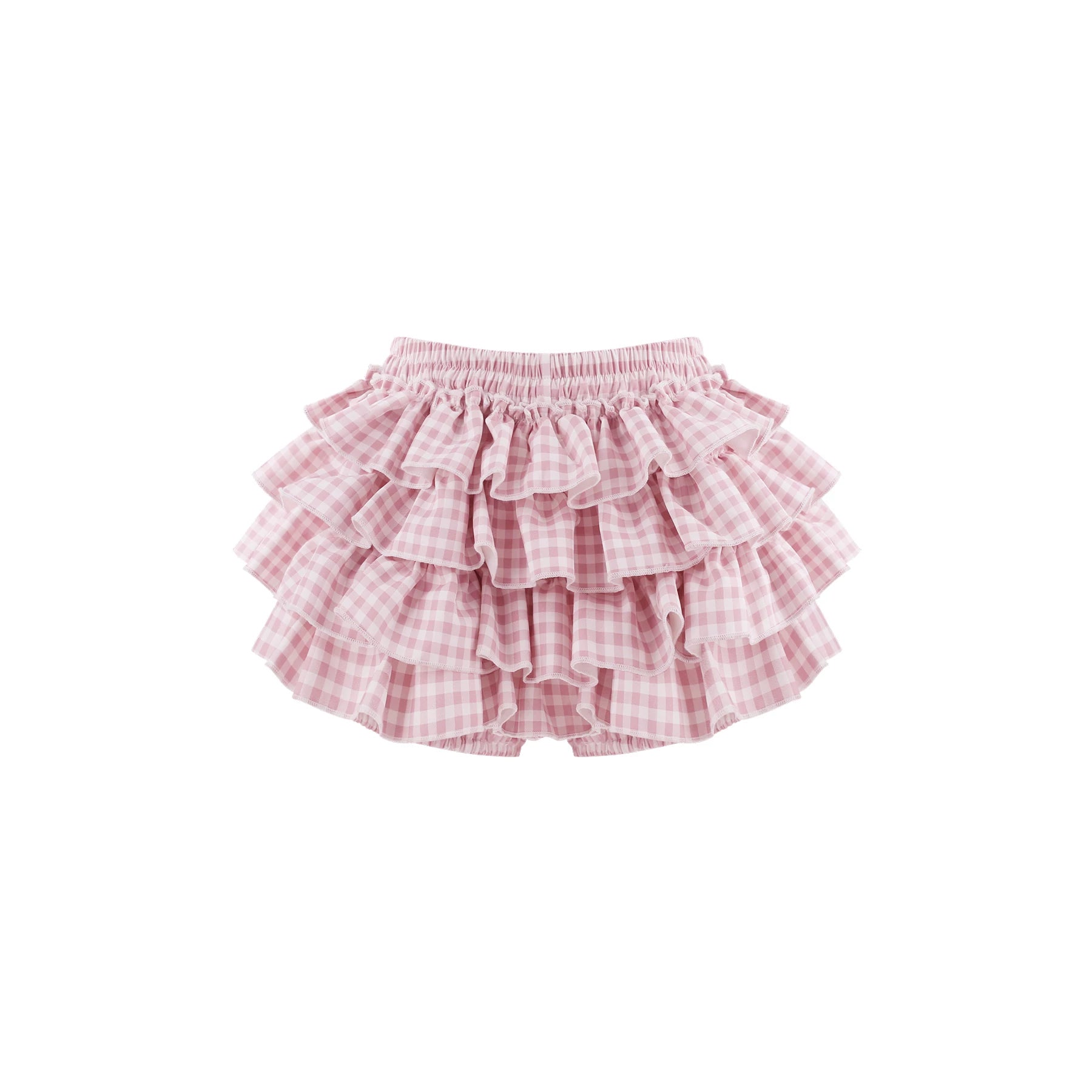 A pink and white gingham tiered ruffle mini skirt, shown flat against a solid white background.