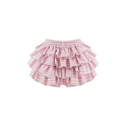 A pink and white gingham tiered ruffle mini skirt, shown flat against a solid white background.