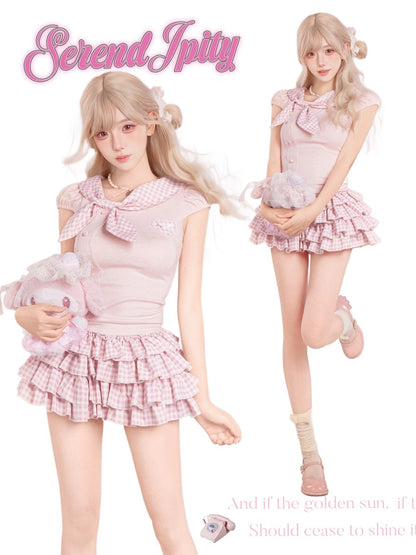 A fashion model shown twice in a split layout wearing a pastel pink and white gingham outfit with a ruffled mini skirt, bow tie collar, and holding a plush toy.