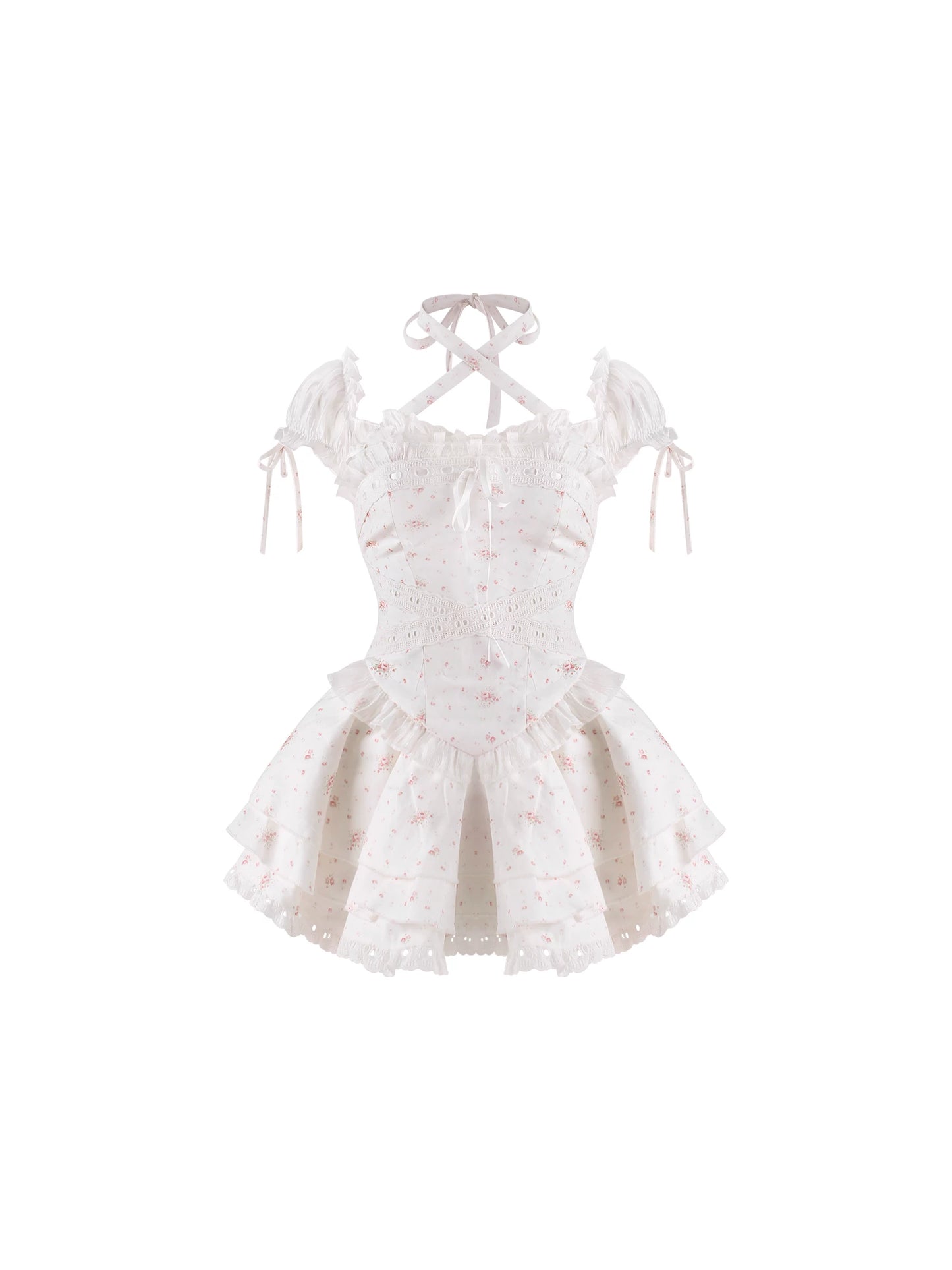White lace dress with bow straps on a white background