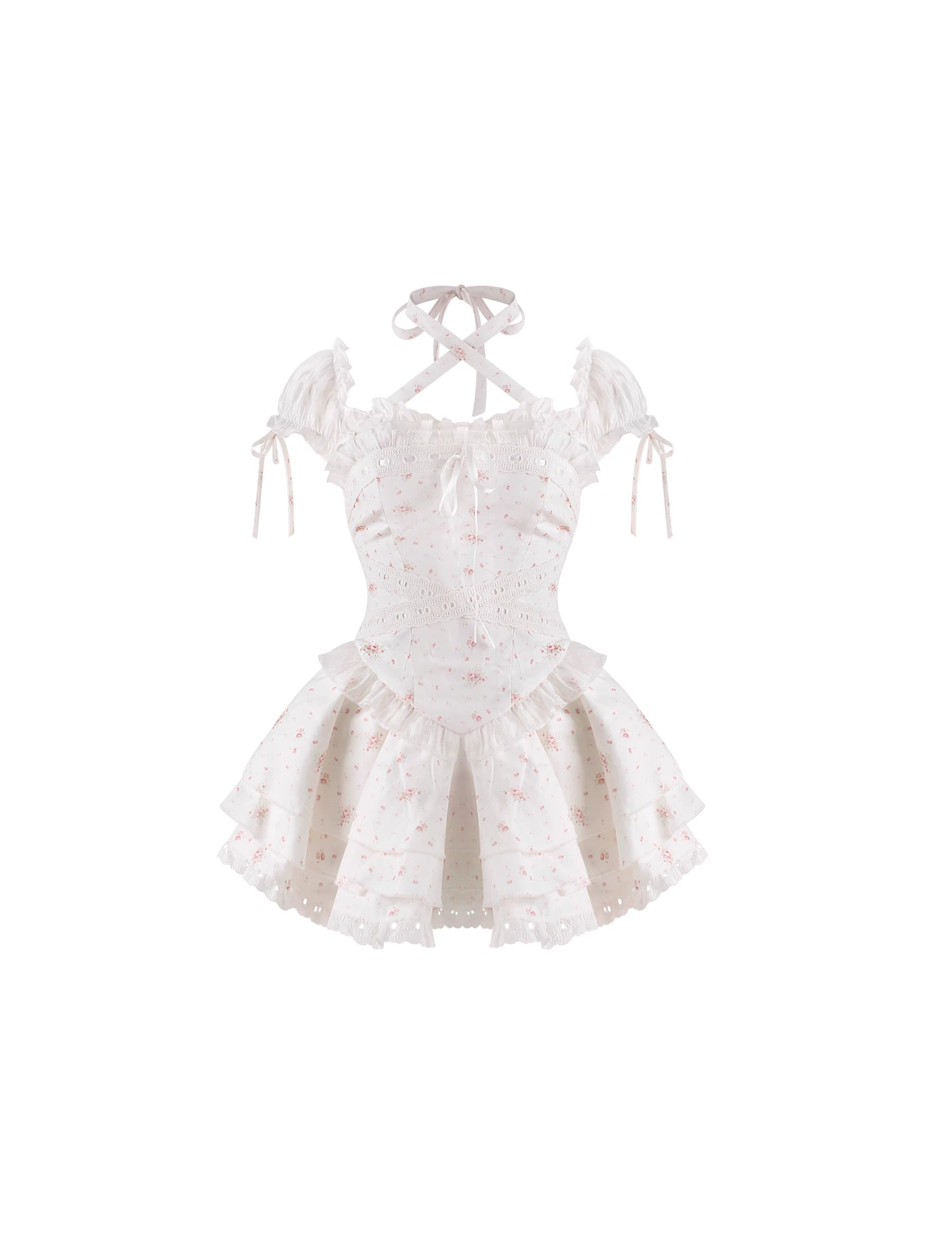 White lace dress with bow straps on a white background