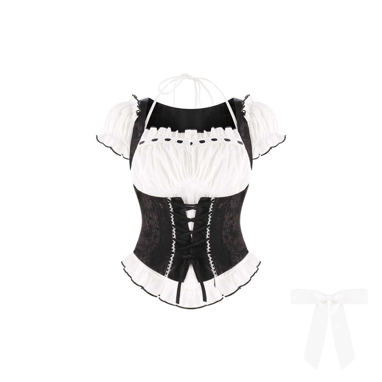 Black and white corset with puffed sleeves on a white background