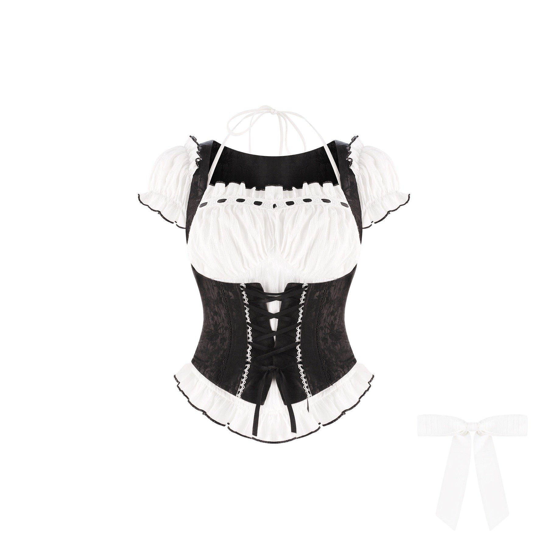 Black and white corset with puffed sleeves on a white background