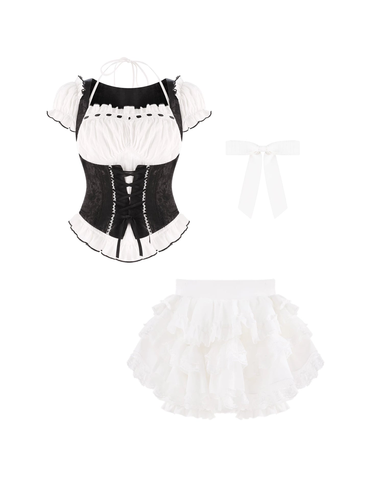 Black corset with white petticoat on a white background