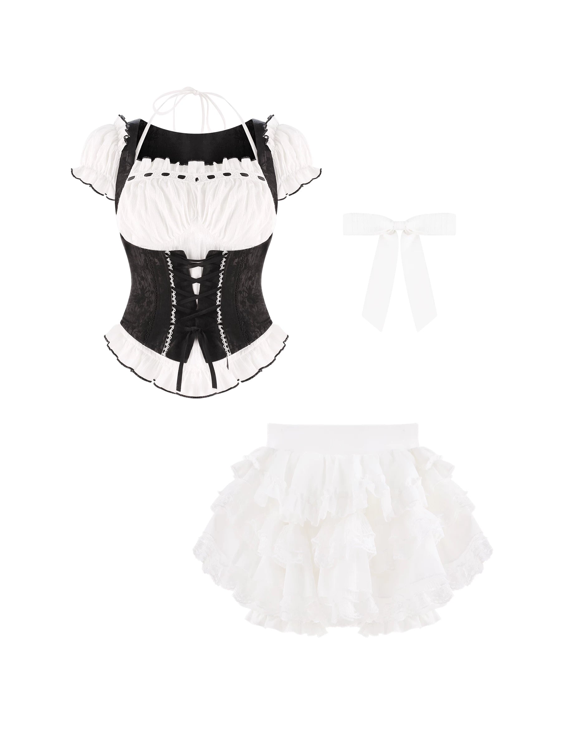 Black corset with white petticoat on a white background