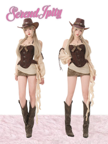 Two identical images of a person in a cowboy costume