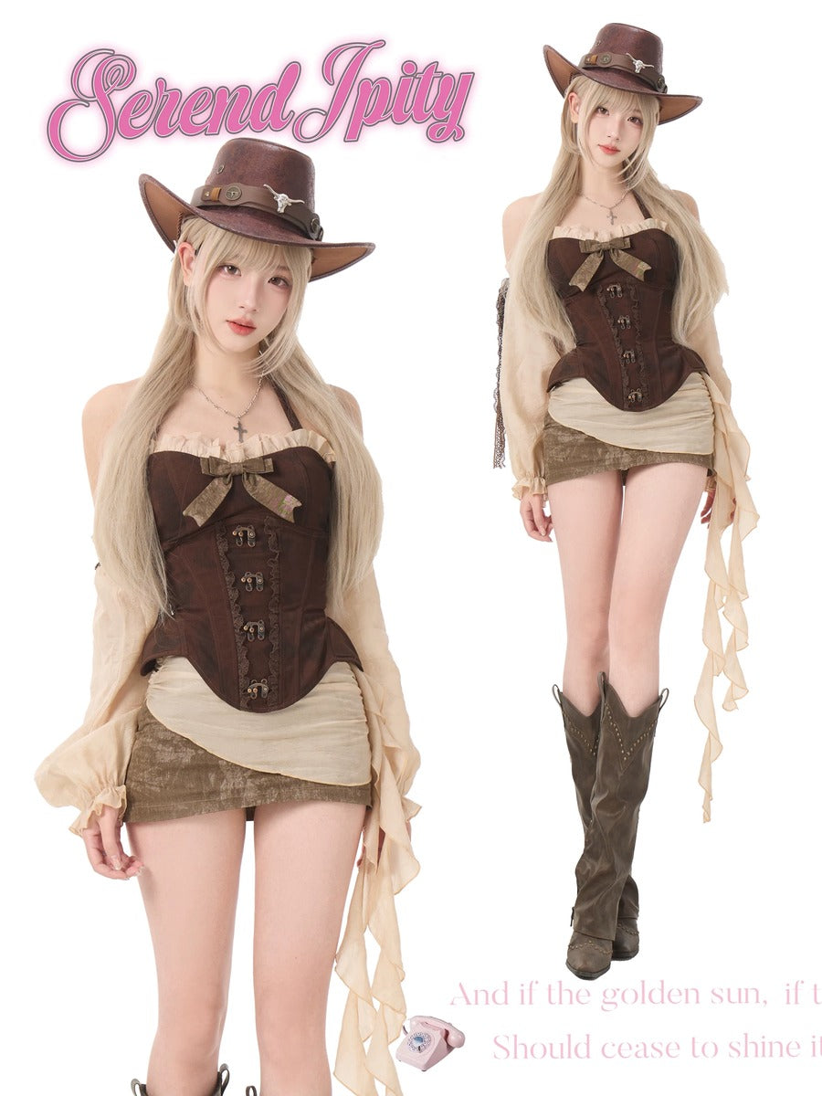 Person wearing a cowboy costume with a brown corset, hat, and boots on a white background.