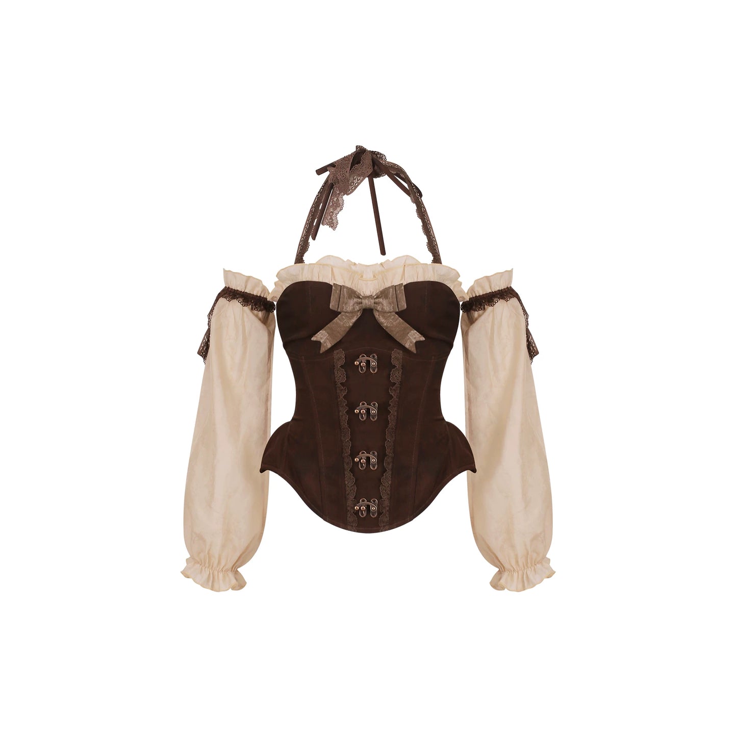 Brown corset with white sleeves on a white background