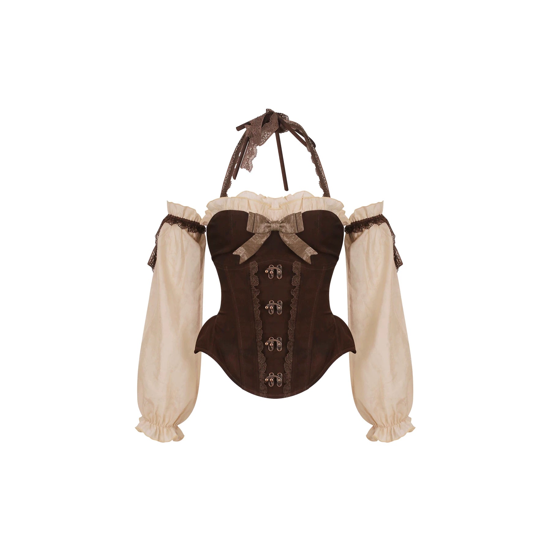 Brown corset with white sleeves on a white background