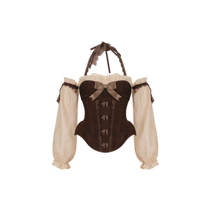 Brown corset with white sleeves on a white background