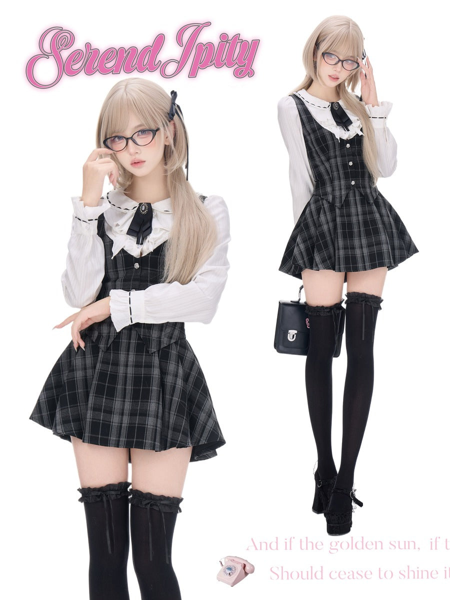 A fashion collage on a white background showing a young woman in two poses wearing a schoolgirl-style outfit. The outfit includes a black-and-white plaid pleated pinafore dress over a white long-sleeve blouse with a ruffled collar, black thigh-high socks, and black shoes.