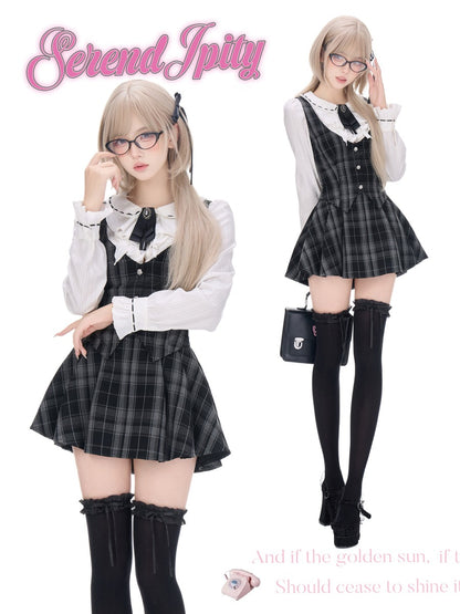 A fashion collage on a white background showing a young woman in two poses wearing a schoolgirl-style outfit. The outfit includes a black-and-white plaid pleated pinafore dress over a white long-sleeve blouse with a ruffled collar, black thigh-high socks, and black shoes.