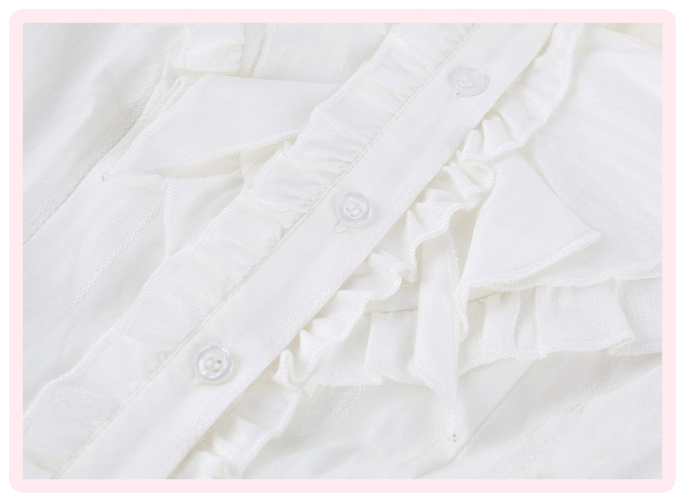 Close-up detail of a white ruffled blouse or dress, showing layered ruffles and decorative buttons on a light pink border background.