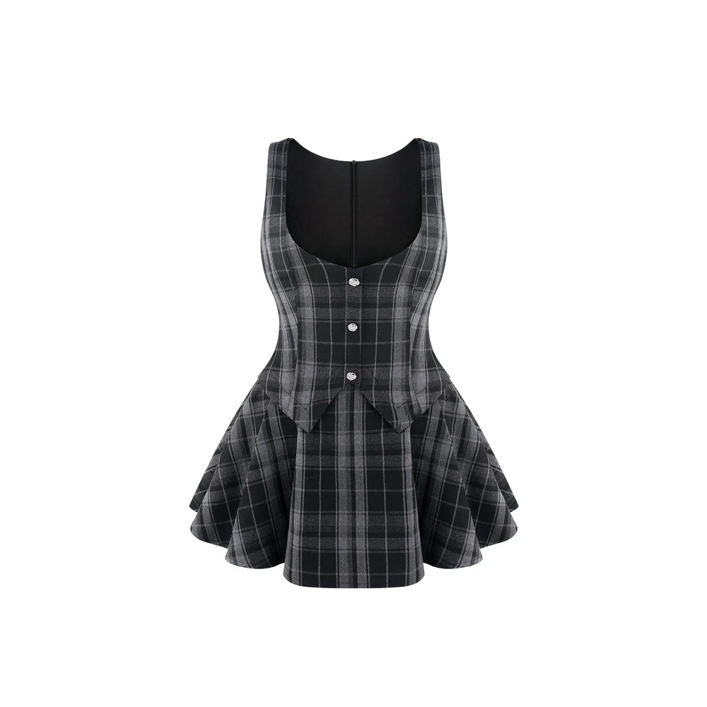 A sleeveless black and gray plaid corset-style top with a flared peplum skirt, shown on a plain white background.