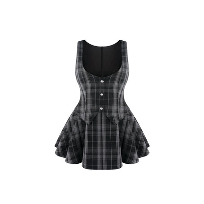 A sleeveless black and gray plaid corset-style top with a flared peplum skirt, shown on a plain white background.