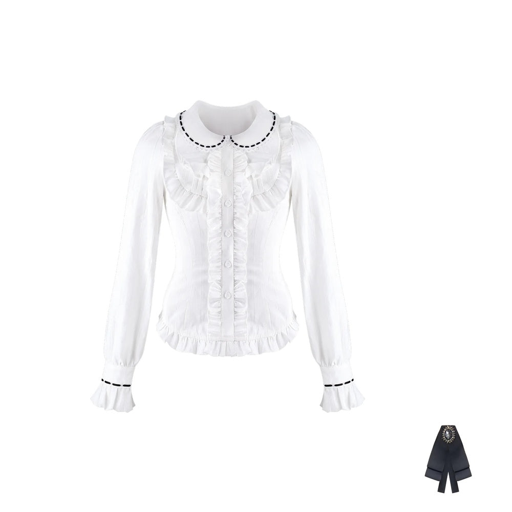 A white long-sleeve blouse with a Peter Pan collar, ruffled trim, and button front, shown on a plain white background with a small inset detail of the collar at bottom right.