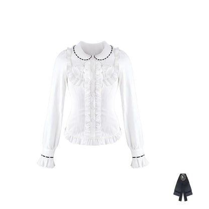 A white long-sleeve blouse with a Peter Pan collar, ruffled trim, and button front, shown on a plain white background with a small inset detail of the collar at bottom right.