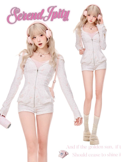 Serendipity Flower Journey White Jacket Pink Cami Shorts Three Piece Set