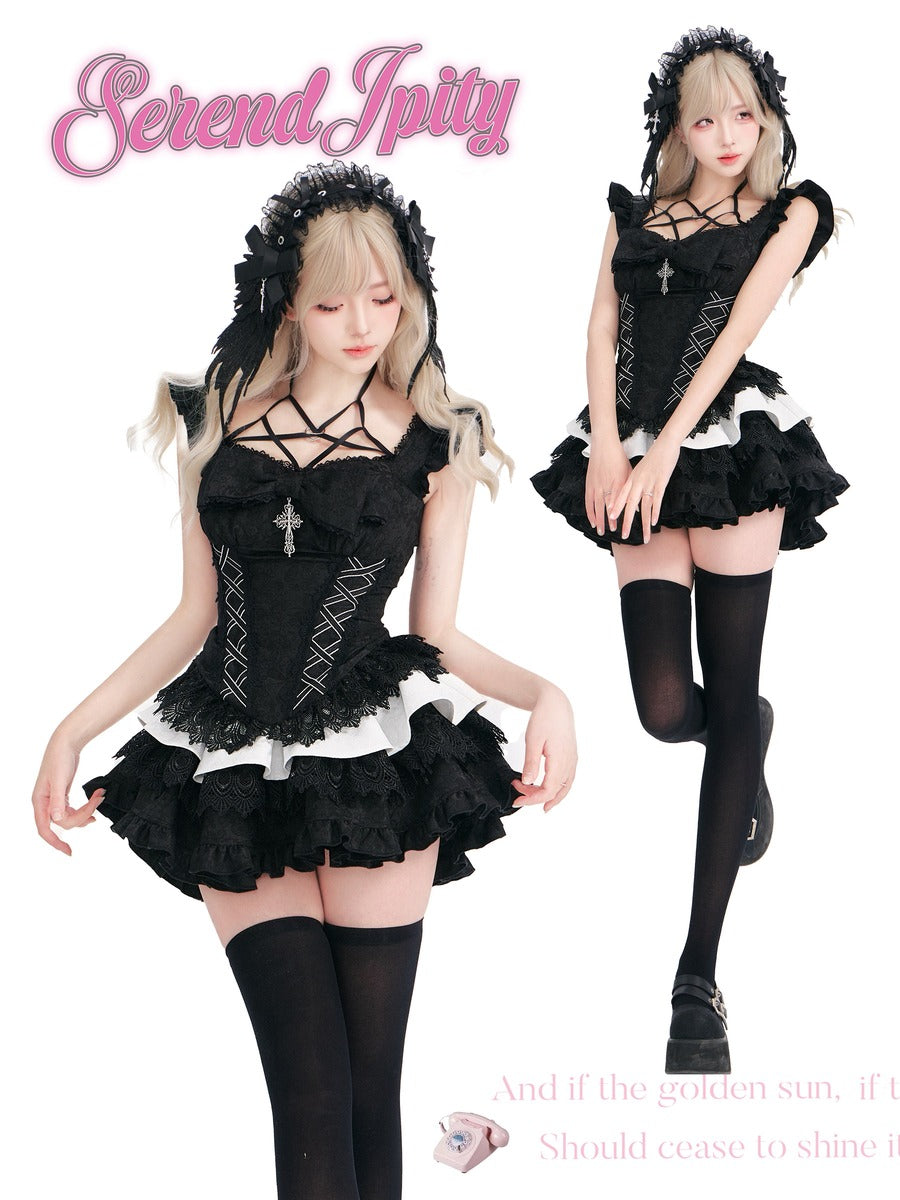 Serendipity Gothic Cross Shadow Black Cami Top Skirt Two Piece Set
