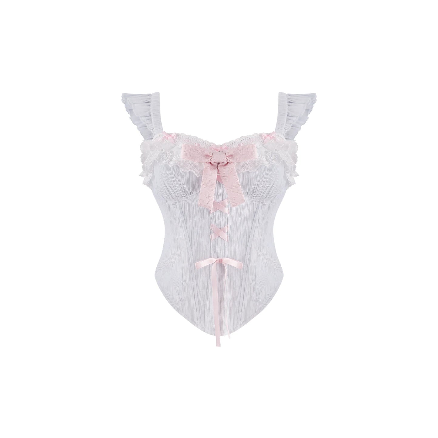 A white ruffled lingerie bodysuit with a pink satin bow at the sweetheart neckline and a matching pink ribbon tie at the center front, shown against a plain white background.