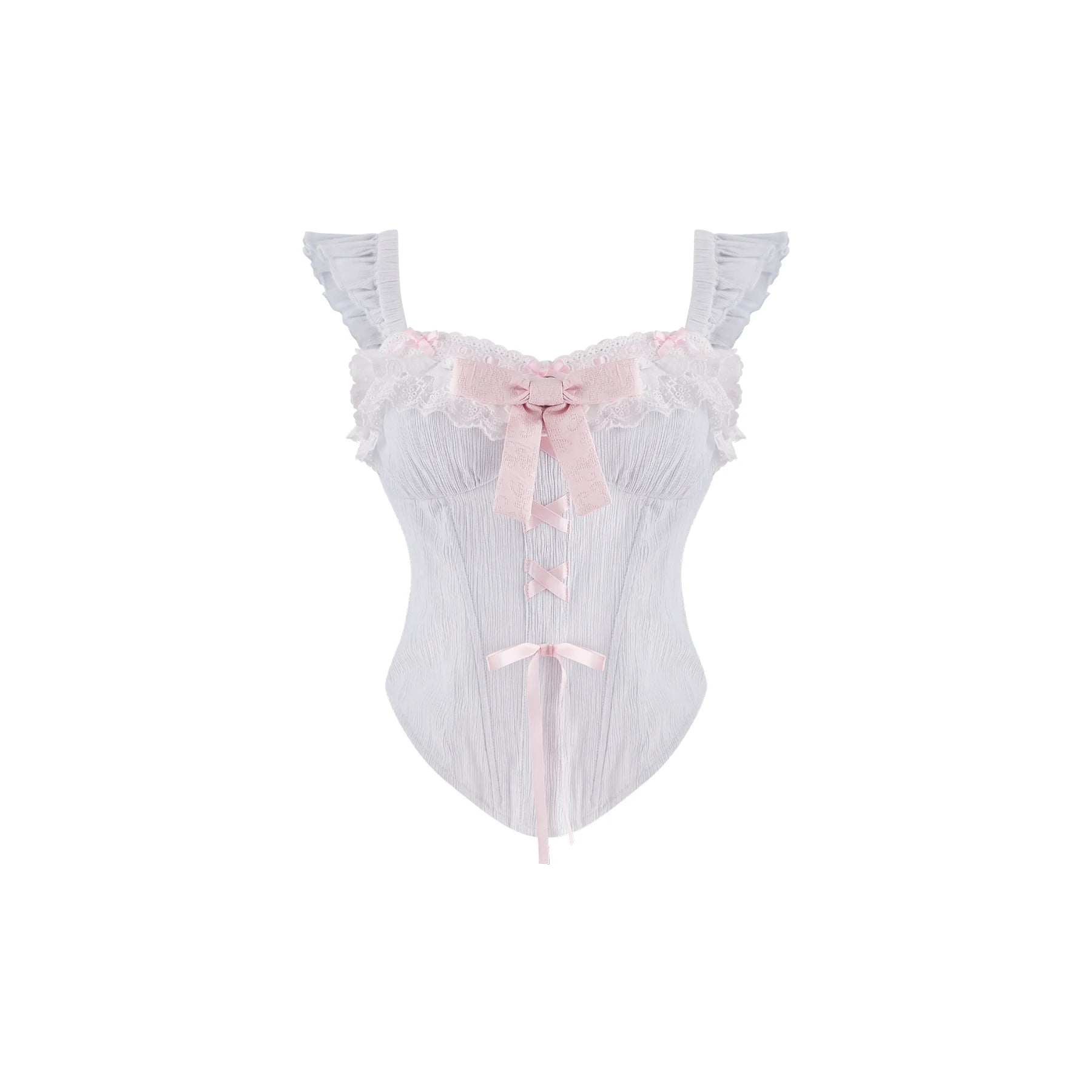 A white ruffled lingerie bodysuit with a pink satin bow at the sweetheart neckline and a matching pink ribbon tie at the center front, shown against a plain white background.