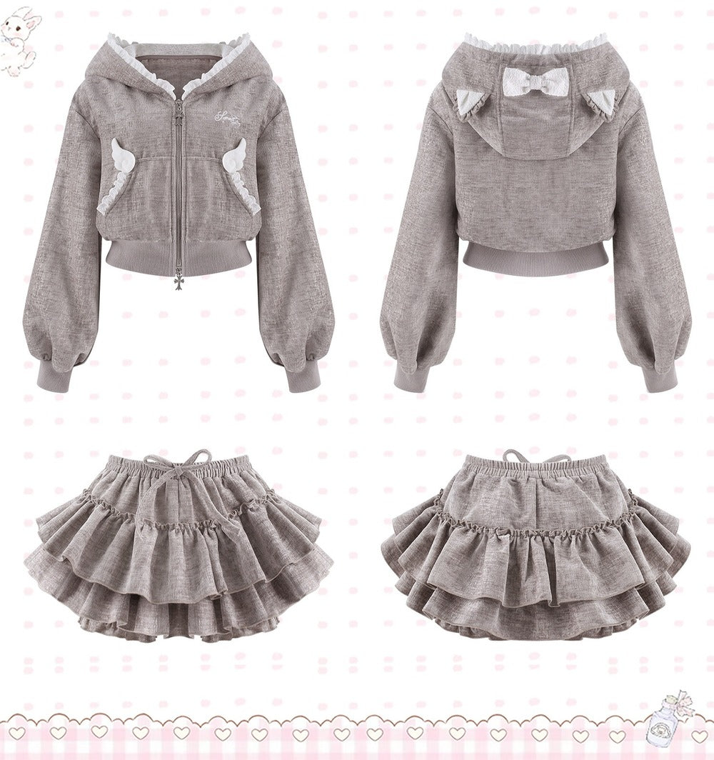 Serendipity Gray Cat Dimension Hoodie Skirt Two Piece Set