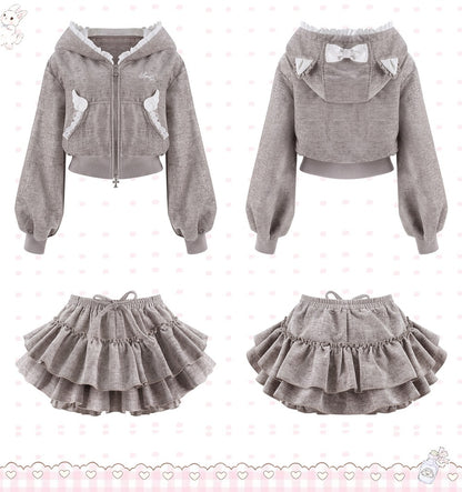 Serendipity Gray Cat Dimension Hoodie Skirt Two Piece Set