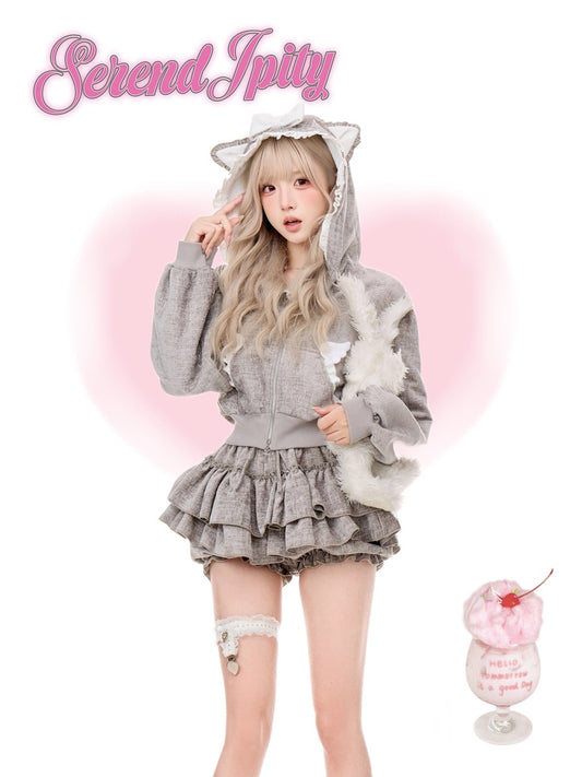 Serendipity Gray Cat Dimension Hoodie Skirt Two Piece Set