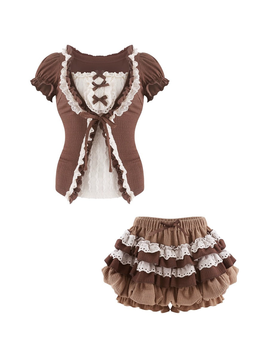 Serendipity Hazelnut Toffee Brown Blouse Skirt Two Piece Set