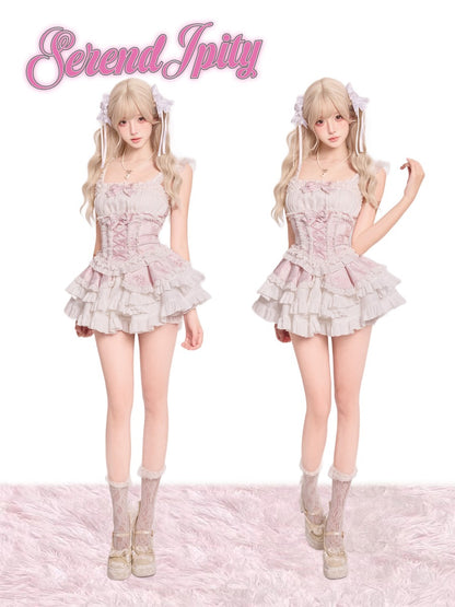 Two identical images of a person wearing a pink lace dress with ruffles on a white background.