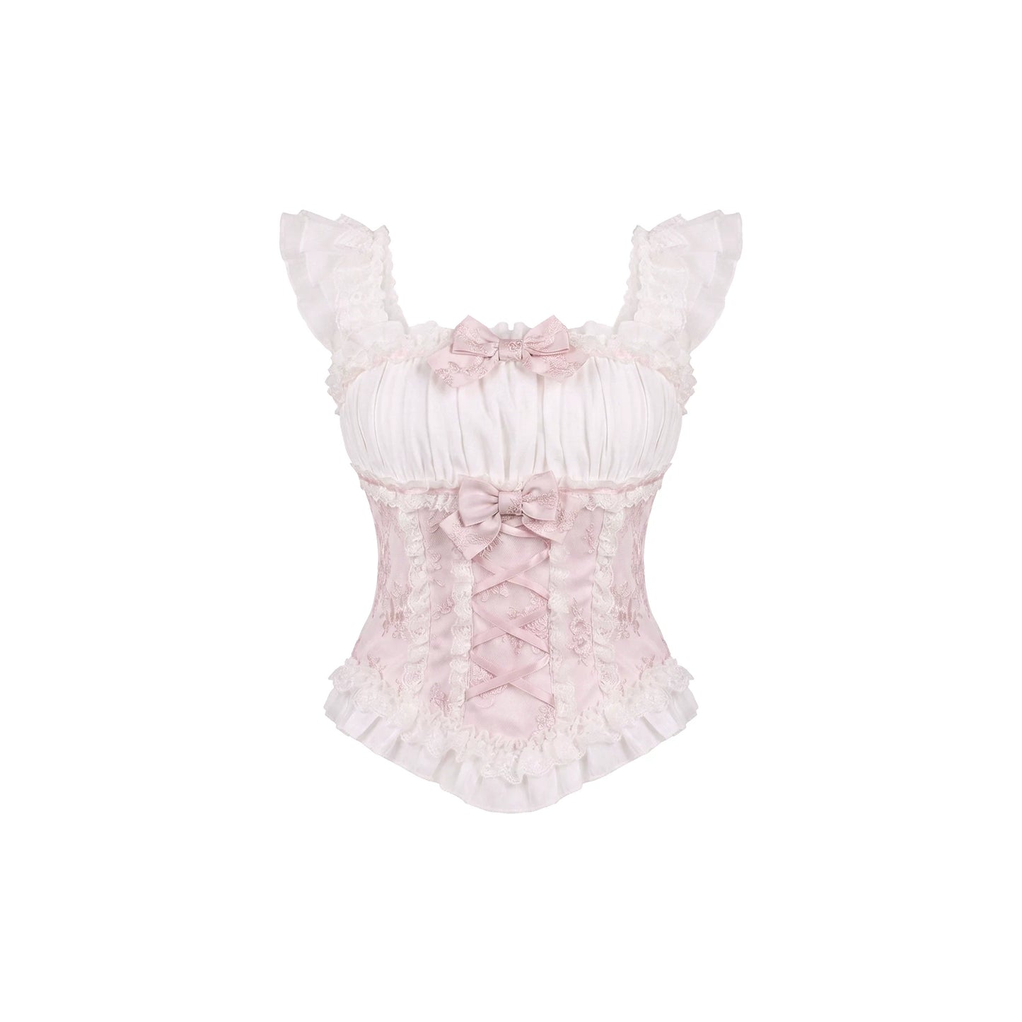 Pink lace cami with ruffles on a white background