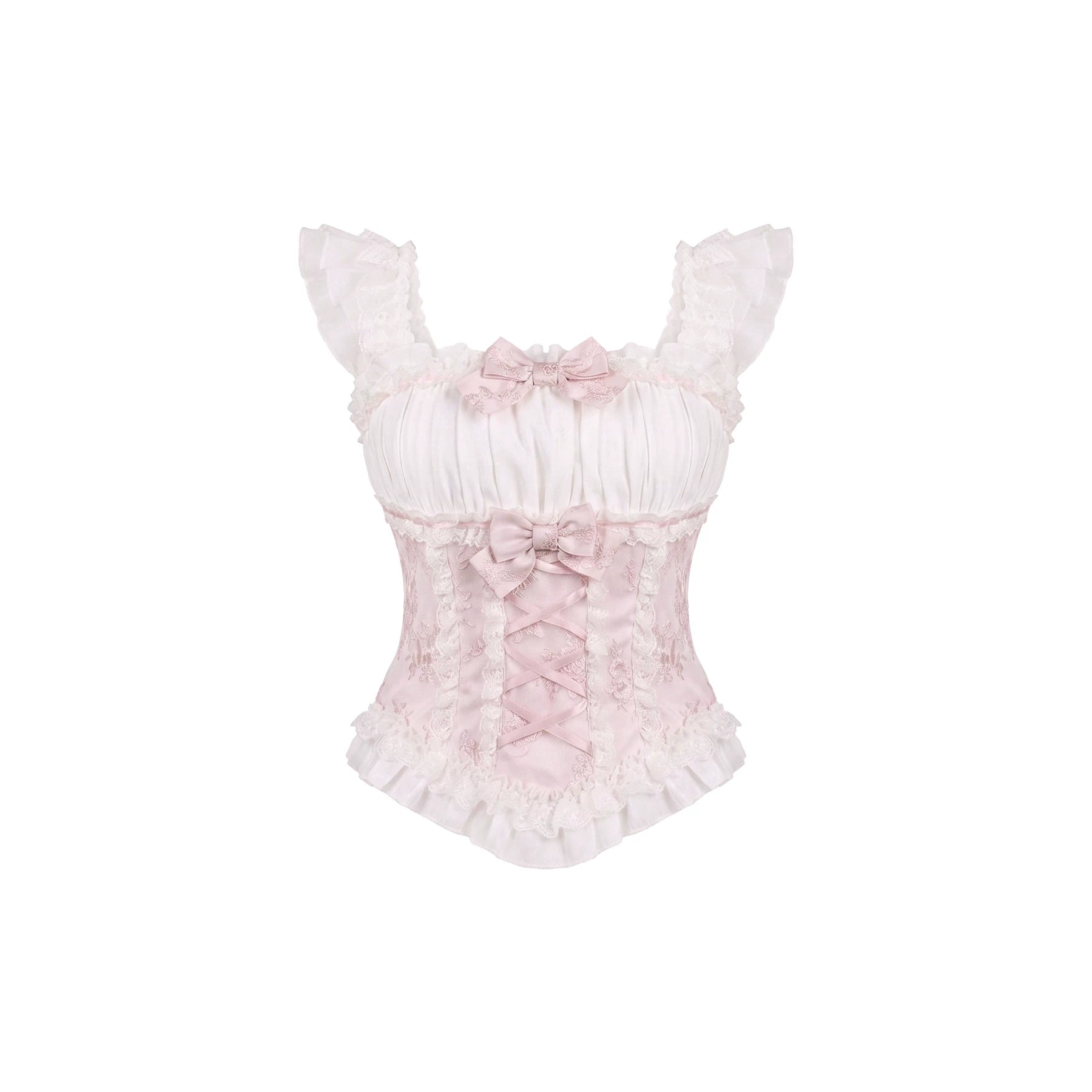 Pink lace cami with ruffles on a white background