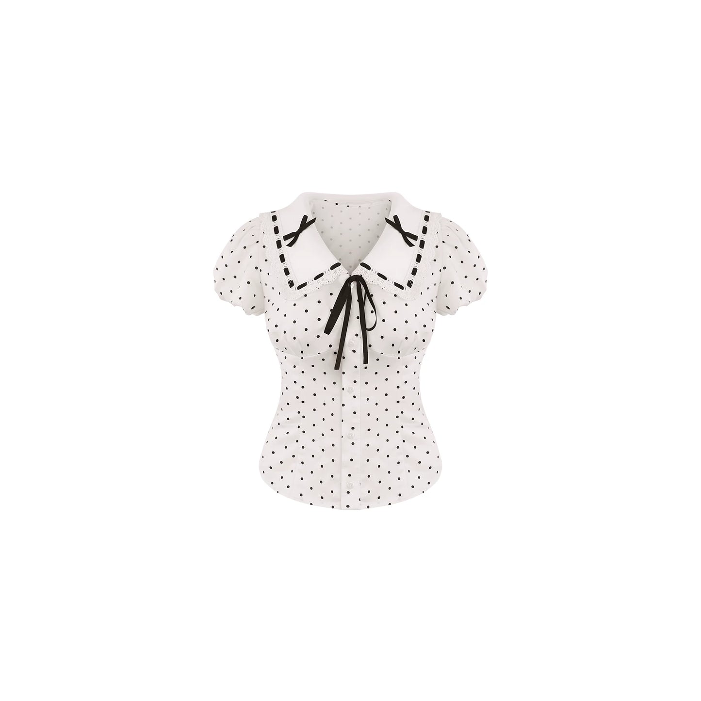 White blouse with black polka dots and bow details on a white background