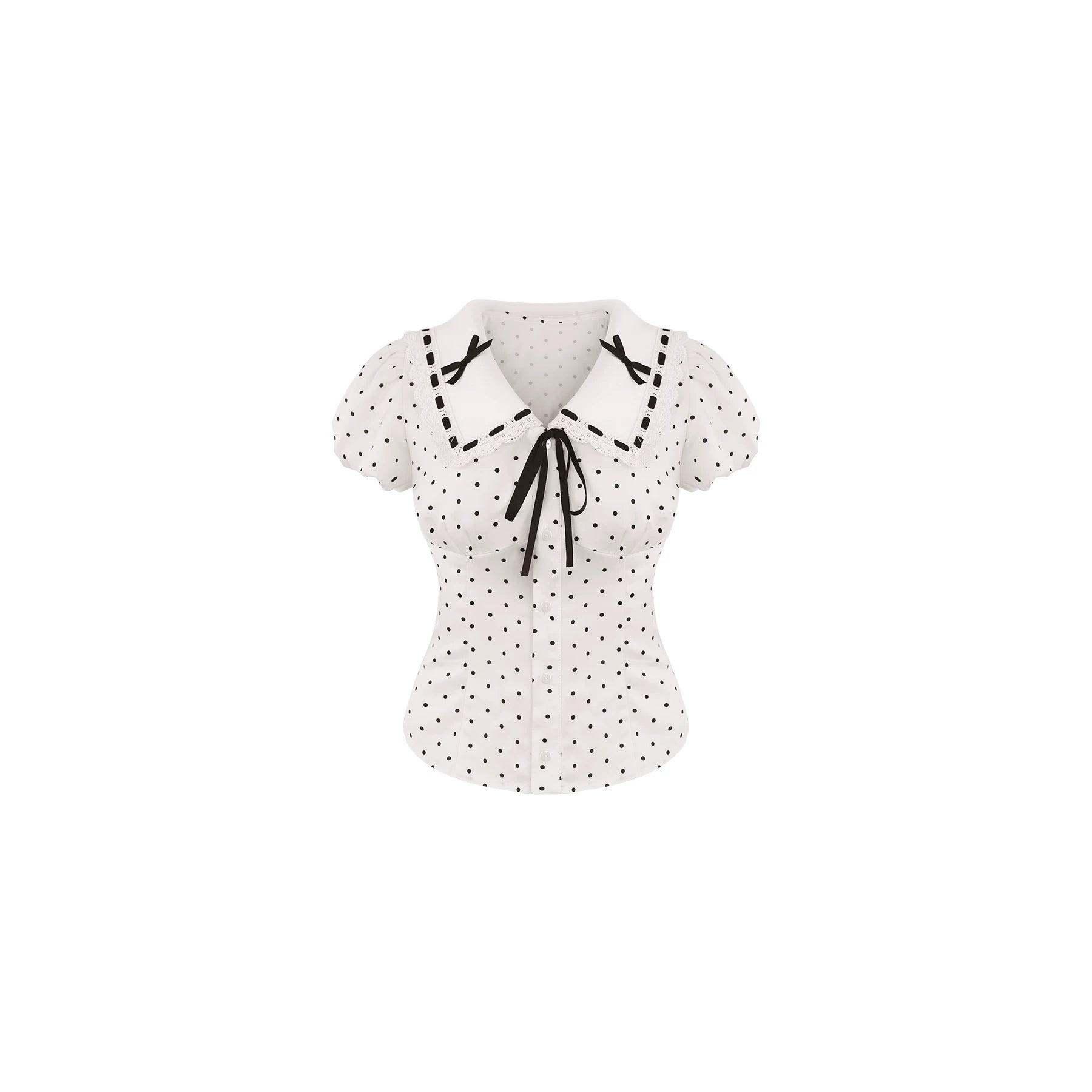 White blouse with black polka dots and bow details on a white background