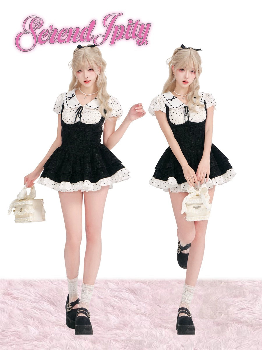 Two identical images of a person wearing a black and white outfit with lace details, holding a small bag on a pink textured background.