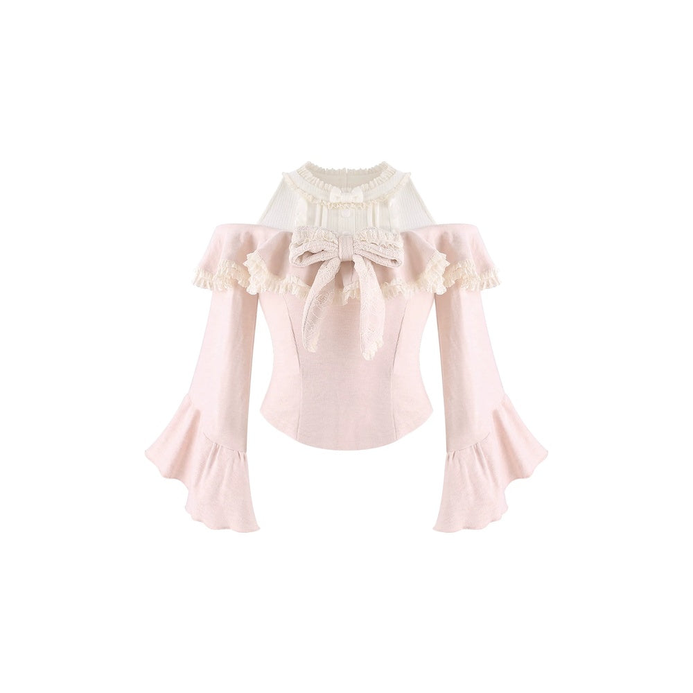 A pale pink off-the-shoulder long-sleeve blouse with cream lace trim, a large bow at the neckline, and ruffled bell-shaped sleeves, shown on a plain white background.