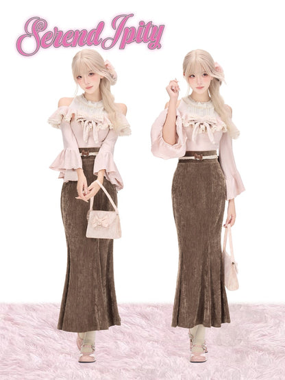 Two views of a model wearing a two-piece outfit from Serend Jpity, featuring a light pink off-the-shoulder ruffled blouse and a brown textured mermaid-style skirt, set against a white background with a pink faux fur floor.