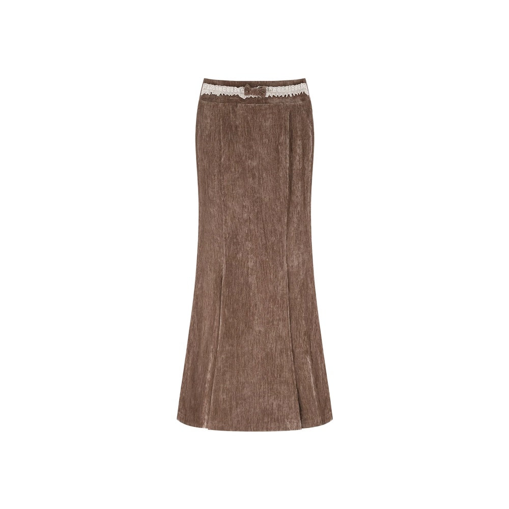A brown textured skirt with a scalloped cream lace waistband, displayed on a clean white background.