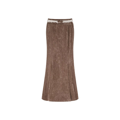 A brown textured skirt with a scalloped cream lace waistband, displayed on a clean white background.