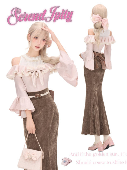A fashion collage on a white background showing a woman modeling a light pink off-the-shoulder blouse with ruffled trim and a brown corduroy skirt, plus a smaller rear view of the same outfit. The text 'Serendipity' appears at the top in pink script.