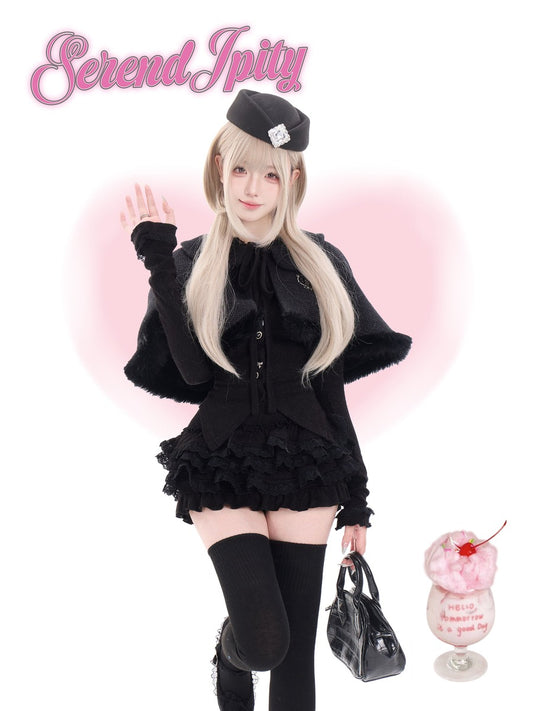 Person in a black outfit with a hat, standing next to a pink dessert with a cherry on top, on a white background