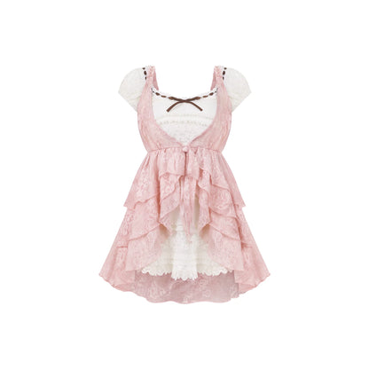 Pink lace dress with white sleeves on a white background
