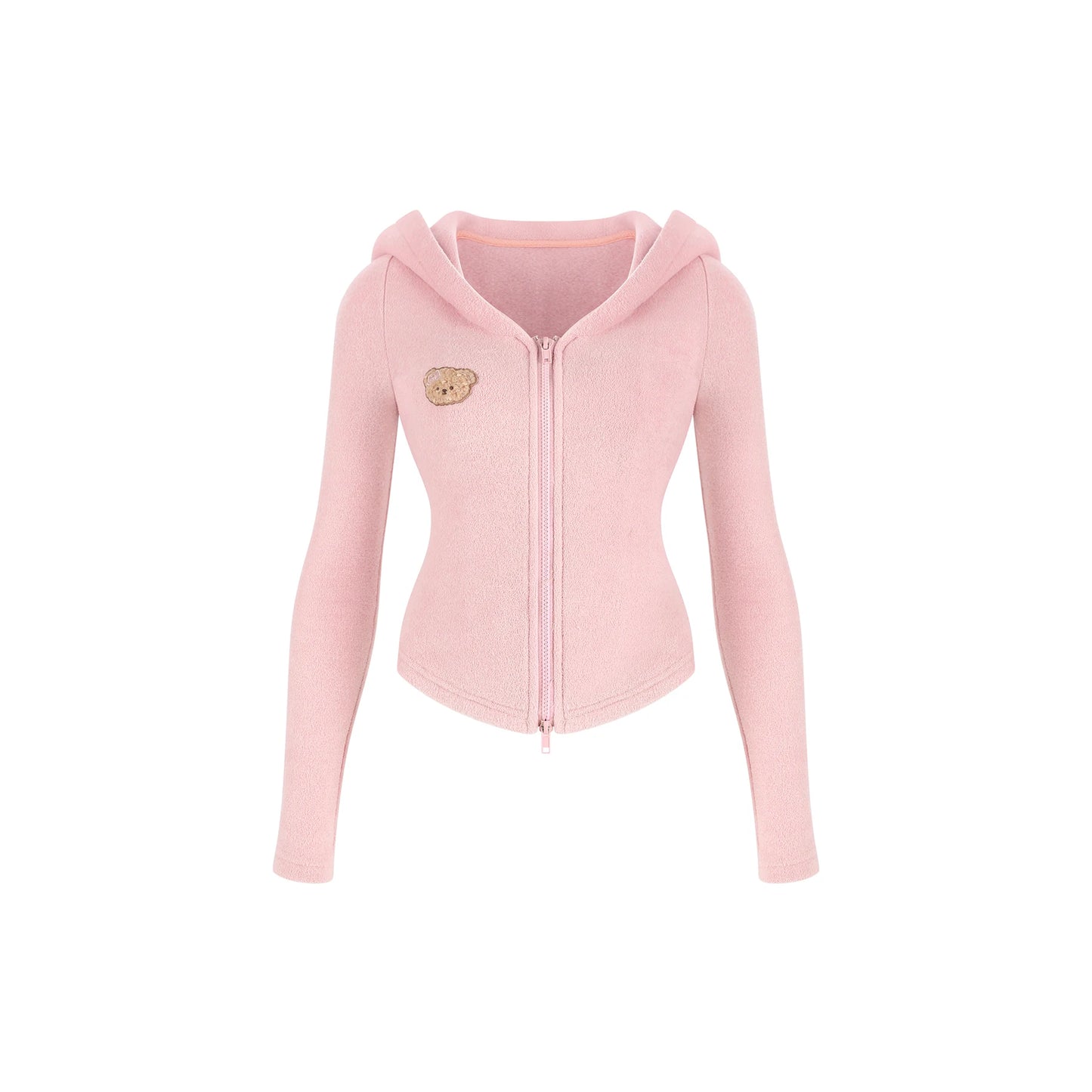 A light pink zip-up hoodie with long sleeves, a hood, and a small embroidered teddy bear face patch on the left chest, shown against a plain white background.
